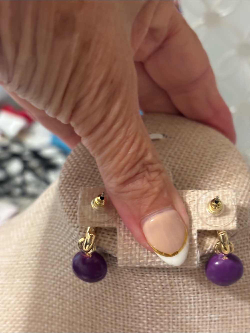 Gold Hoop Earrings with Purple Charm and 'M' Accent - Picture 2 of 2